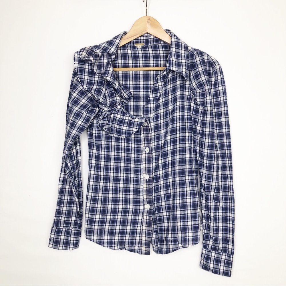 Johanna Ortiz Navy and White Plaid Button-Down Shirt - Picture 2 of 12
